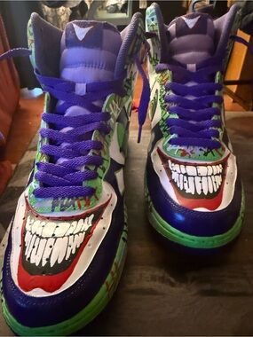 Men’s 10 - Custom Joker Smile High-Top Sneakers in Purple, Green & White